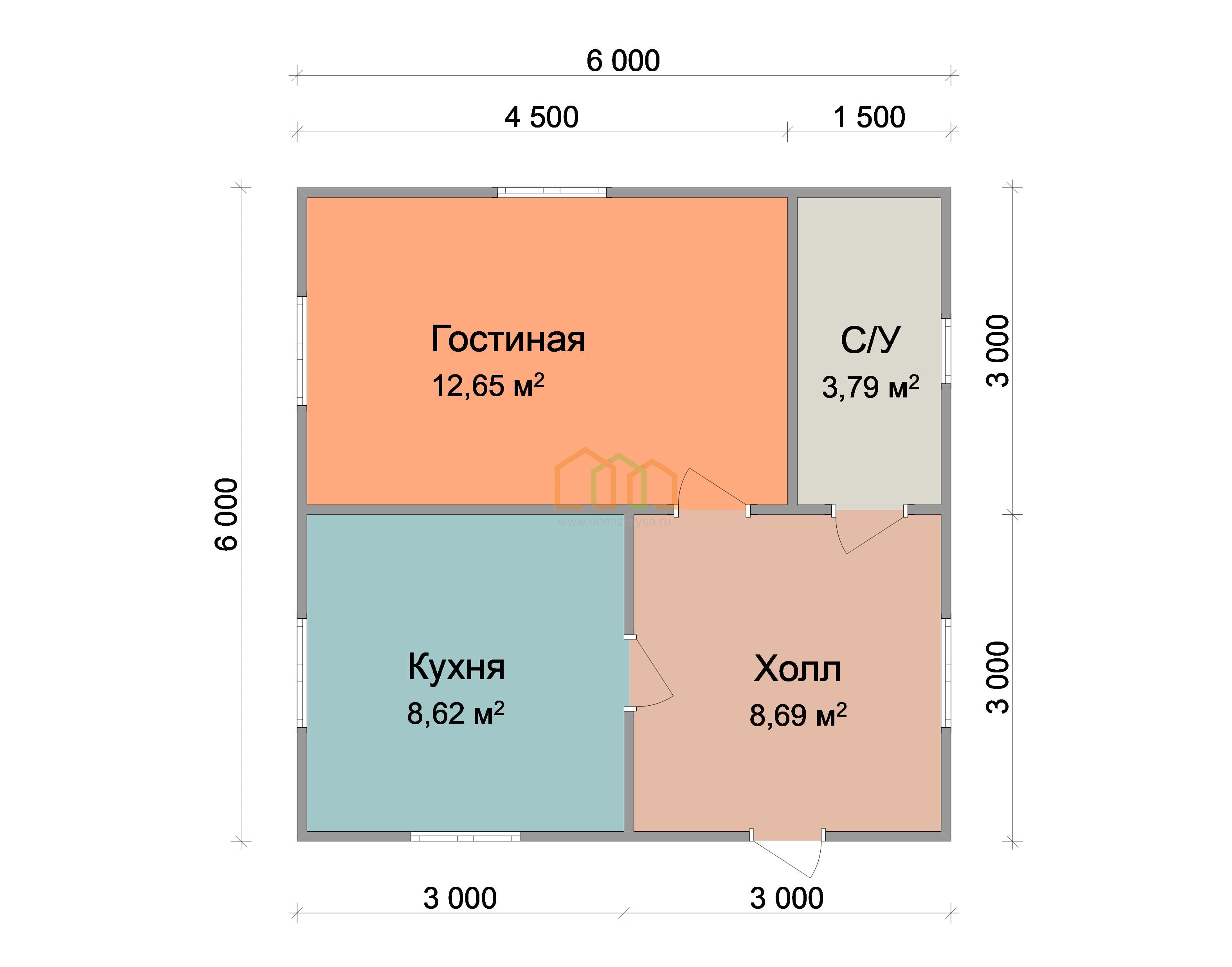 Одноэтажный каркасный дом 6х6 - цена 986500 руб под ключ в Новомосковске.  Площадь: 36 м²